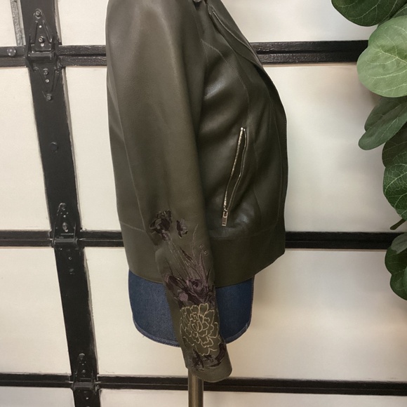 Massimo Dutti leather jacket Dark Green With Embroidered Flowers Size XS - Picture 4 of 6
